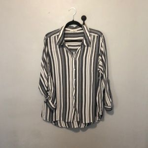 Woman’s button up blouse, blue and white striped roll up sleeves shirt